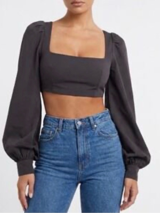 naked wardrobe Tops - naked wardrobe Black Square-Neck Puff Sleeve Crop Top